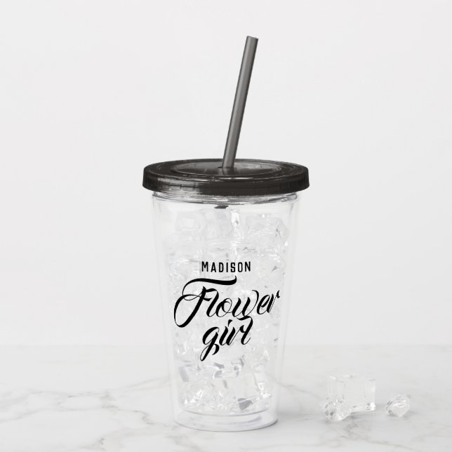 Flower Girl Name Black Minimal Modern Wedding Gift Acrylic Tumbler (Back Ice)
