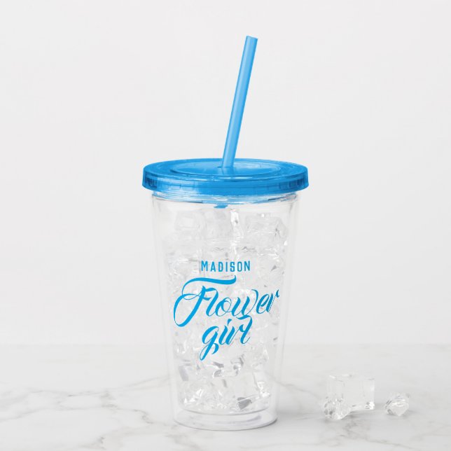 Flower Girl Name Blue Minimal Modern Wedding Gift Acrylic Tumbler (Back Ice)