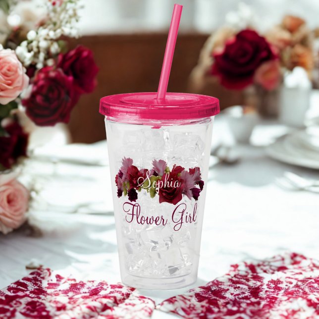 Flower Girl Name Burgundy Floral Wedding Acrylic Tumbler (For your Flower Girl. Just add her name)