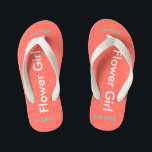 Flower Girl NAME Coral Kid's Thongs<br><div class="desc">Flower Girl is written in white text against bright coral colour. Name and Date of Wedding is pretty turquoise blue. Personalise your little flower girls name in arched uppercase letters. Click Customise to increase or decrease name size to fall within safe lines. Pretty beach destination flip flops as part of...</div>