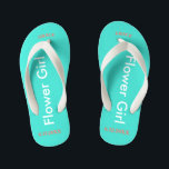 Flower Girl NAME Turquoise Kid's Thongs<br><div class="desc">Flower Girl is written in white text against bright happy turquoise colour. Name and Date of Wedding is pretty coral. Personalise your little flower girls name in arched uppercase letters. Click Customise to increase or decrease name size to fall within safe lines. Pretty beach destination flip flops as part of...</div>