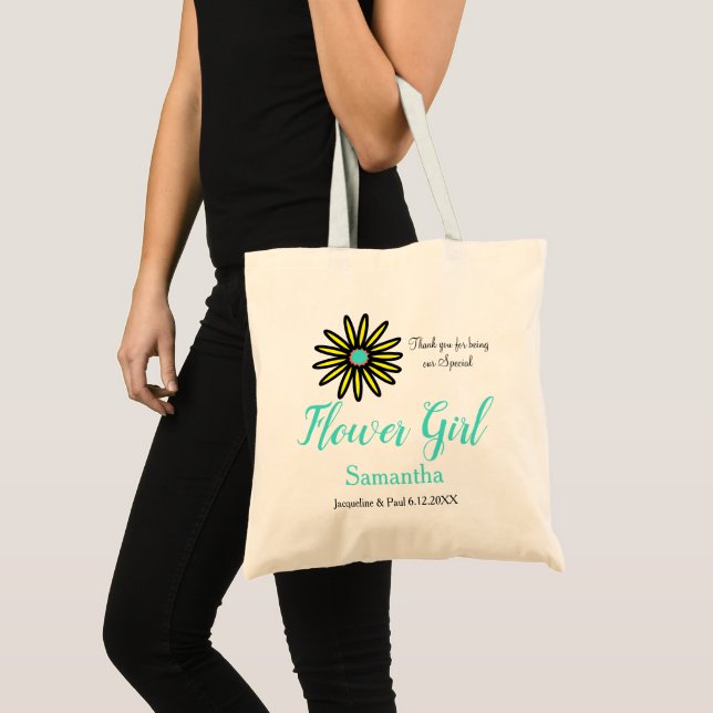 Flower Girl Name Yellow Turquoise Flower Tote Bag (Front (Product))