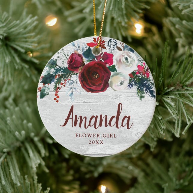 Flower Girl Personalised Burgundy Roses Christmas Ceramic Ornament (Tree)