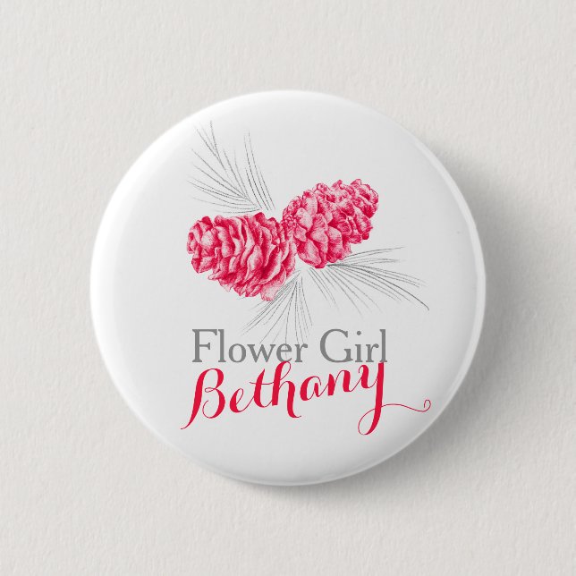 Flower girl pine cone red wedding pin button (Front)