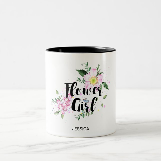 Flower Girl Pink Floral Watercolor Wedding Two-Tone Coffee Mug (Center)