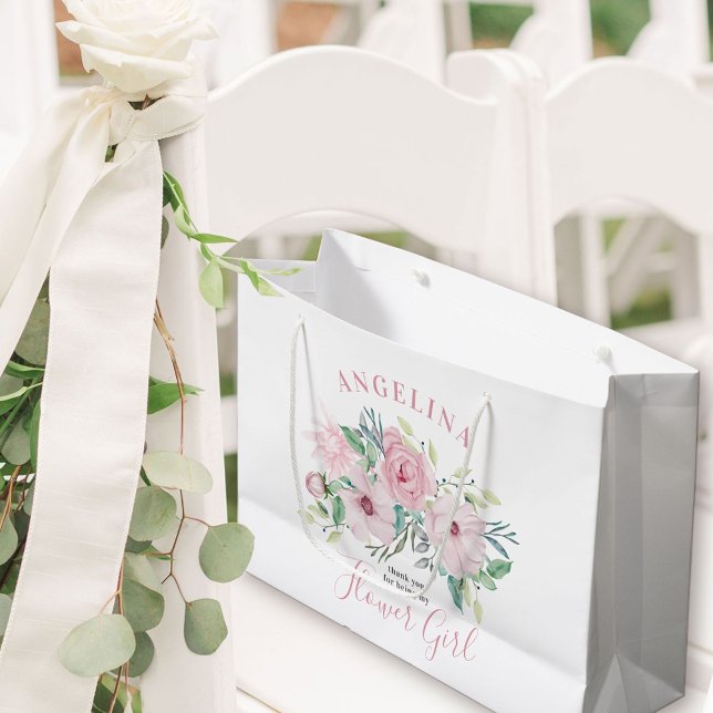 Flower Girl Pink Peony Floral Bouquet Large Gift Bag (Flower Girl Gift Bag with personalized thank you)