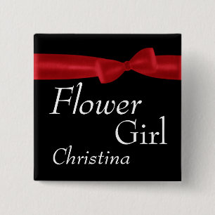 FLOWER GIRL Red Bow Wedding Custom Name 15 Cm Square Badge