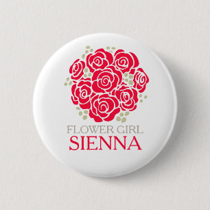 Flower girl red rose posy named wedding pin button