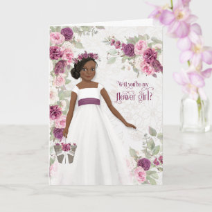 Flower Girl Request Brown Skin with Plum Floral Card
