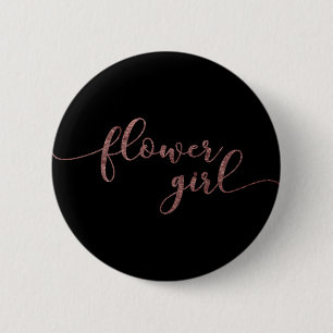 "Flower Girl" Rose Gold Glitter on Black 6 Cm Round Badge