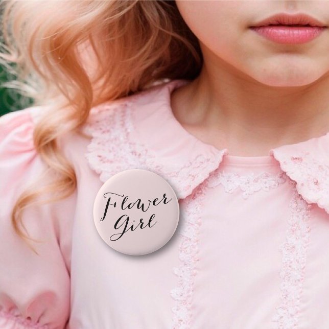 Flower Girl Script Chic Wedding Rehearsal Party 6 Cm Round Badge (FLOWER GIRL Classic Script Calligraphy Chic Wedding Rehearsal Party Pin Button @ fatfatin_blue_knot)