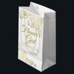 Flower Girl Wedding Gift Bag Small<br><div class="desc">This beautiful gift bag is designed as a wedding gift or favour bag for flower girls. Designed to coordinate with our Gold Foil Elegant Wedding Suite, it features a gold faux foil flourish border with the text "Flower Girl" as well as a place to enter her name, the couple's name,...</div>