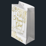 Flower Girl Wedding Gift Bag Small<br><div class="desc">This beautiful gift bag is designed as a wedding gift or favour bag for flower girls. Designed to coordinate with our Gold Foil Elegant Wedding Suite, it features a gold faux foil flourish border with the text "Flower Girl" as well as a place to enter her name, the couple's name,...</div>