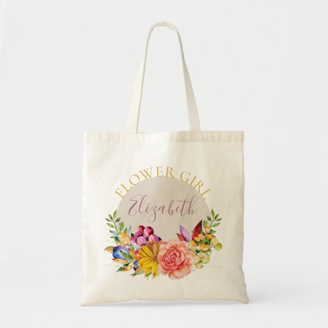 Flower Girl with Name Floral Bouquet Tote Bag (Front)