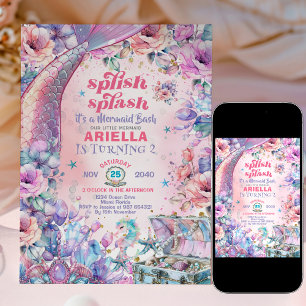 Flower Glitter Mermaid Tail 2nd Birthday  Invitation