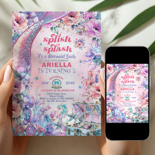 Flower Glitter Mermaid Tail 3rd Birthday  Invitation