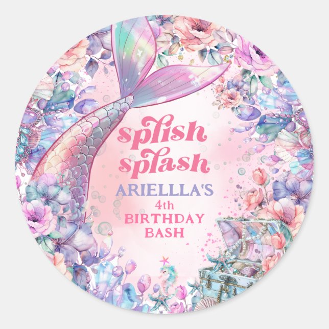 Flower Glitter Mermaid Tail 4th Birthday Classic Round Sticker (Front)