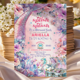 Flower Glitter Mermaid Tail 4th Birthday Invitation