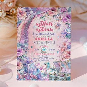Flower Glitter Mermaid Tail 5th Birthday Invitation