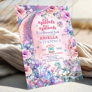Flower Glitter Mermaid Tail 6th Birthday  Invitation
