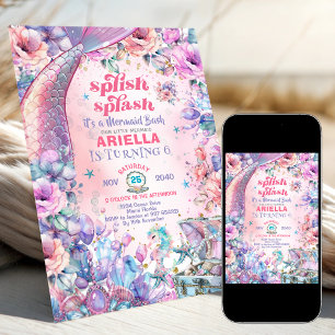 Flower Glitter Mermaid Tail 6th Birthday  Invitation