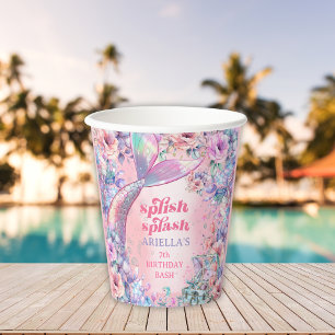 Flower Glitter Mermaid Tail 7th Birthday Paper Cups