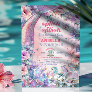 Flower Glitter Mermaid Tail 9th Birthday  Invitation