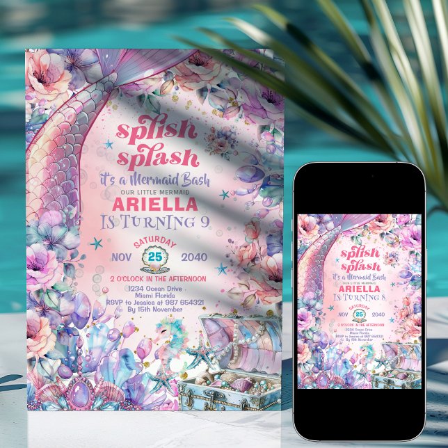Flower Glitter Mermaid Tail 9th Birthday  Invitation (Creator Uploaded)