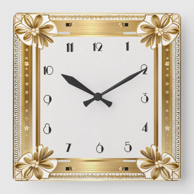 Flower Gold Art Deco Square Wall Clock (Front)
