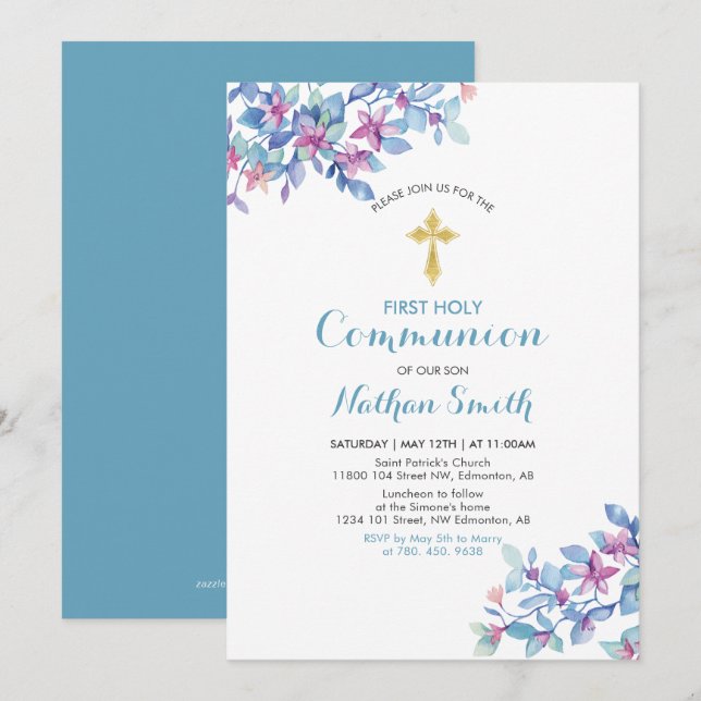 Flower & Gold Cross | Boy First Holy Communion Invitation (Front/Back)