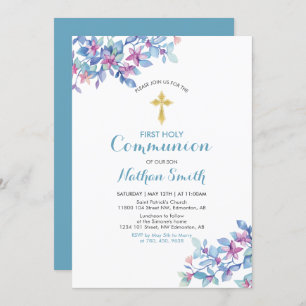 Flower & Gold Cross   Boy First Holy Communion Invitation