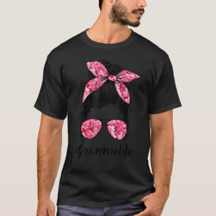 Flower Grammie Life Messy Bun Hair Glasses Pink Mo T-Shirt