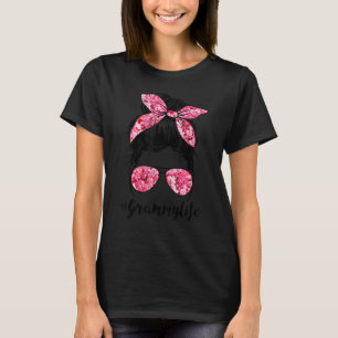 Flower Grammy Life Messy Bun Hair Glasses Pink Mot T-Shirt