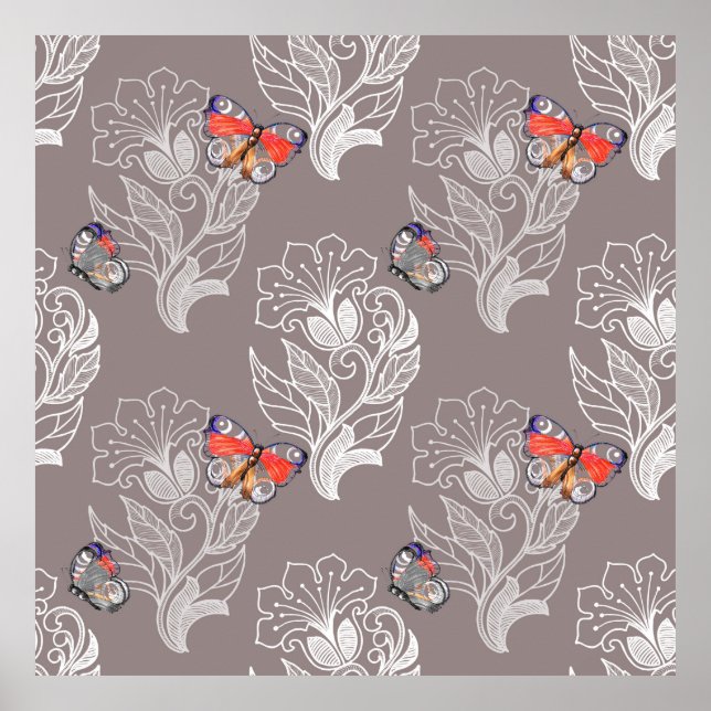 Flower graphic and butterfly, watercolor, pattern  poster (Front)