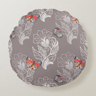 Flower graphic and butterfly, watercolor, pattern round cushion