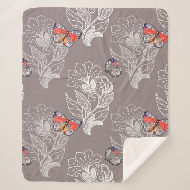 Flower graphic and butterfly, watercolor, pattern  sherpa blanket (Front)