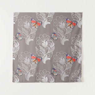 Flower graphic and butterfly, watercolor, pattern  tapestry