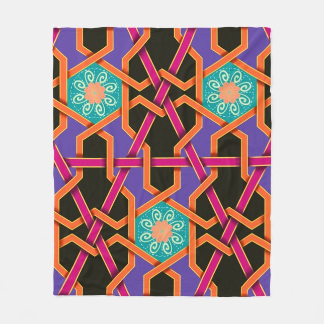 Flower green orange and purple Geometric ethnic na Fleece Blanket (Front)