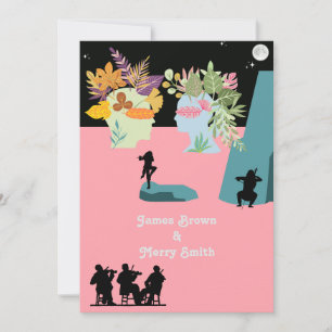 Flower Hair Heads Black Pink Musicians Wedding Invitation