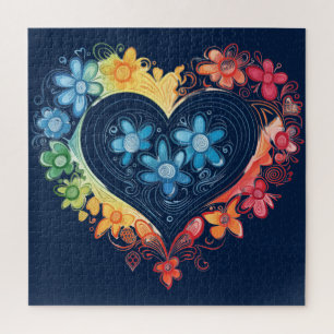 Flower Heart Dark Blue Puzzle