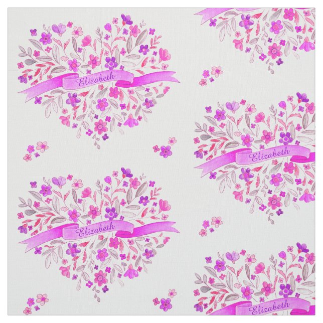 Flower heart pink purple name watercolor art fabric (Swatch)