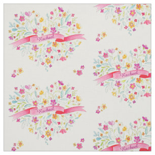 Flower heart pink yellow name watercolor art fabric