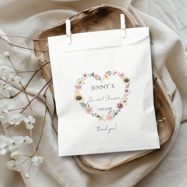 Flower-Heart Wedding Bridal Shower Favour Bag (Flower-Heart Bridal Shower Favor Bag with your name and date.)