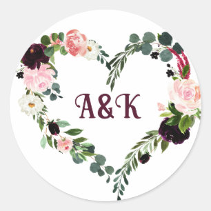 Flower hearth wreath MONOGRAMM boho burgundy   Classic Round Sticker
