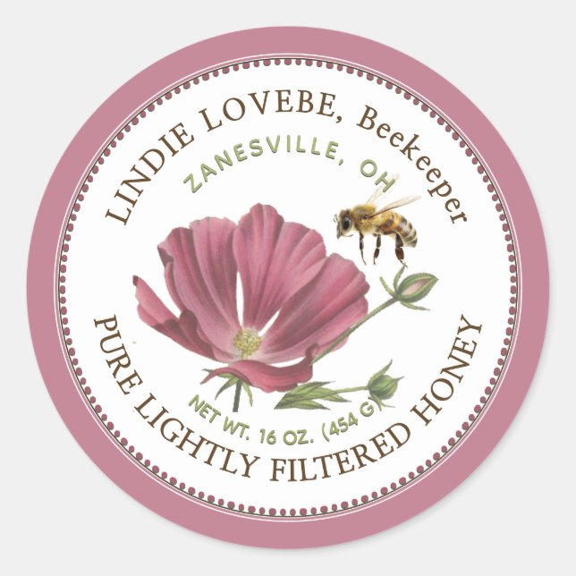 Flower Honey Label with Pink Flower and Bee  (Front)
