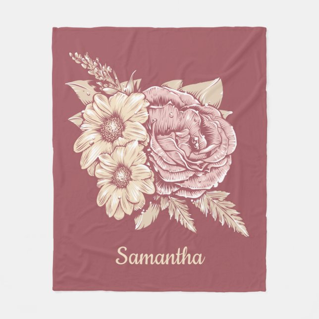 Flower Illustration custom name fleece blankets (Front)