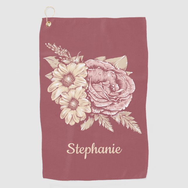Flower Illustration custom name golf towel (Front)