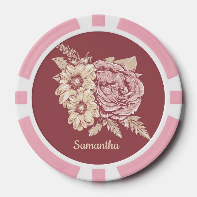 Flower Illustration custom name poker chips (Front)