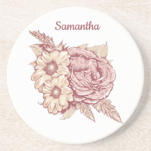 Flower Illustration custom name sandstone coaster