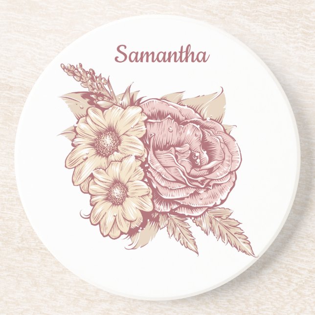 Flower Illustration custom name sandstone coaster (Front)